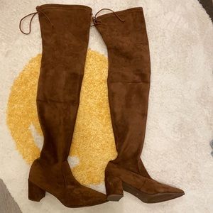 Brown suede over the knee pointed toe boots